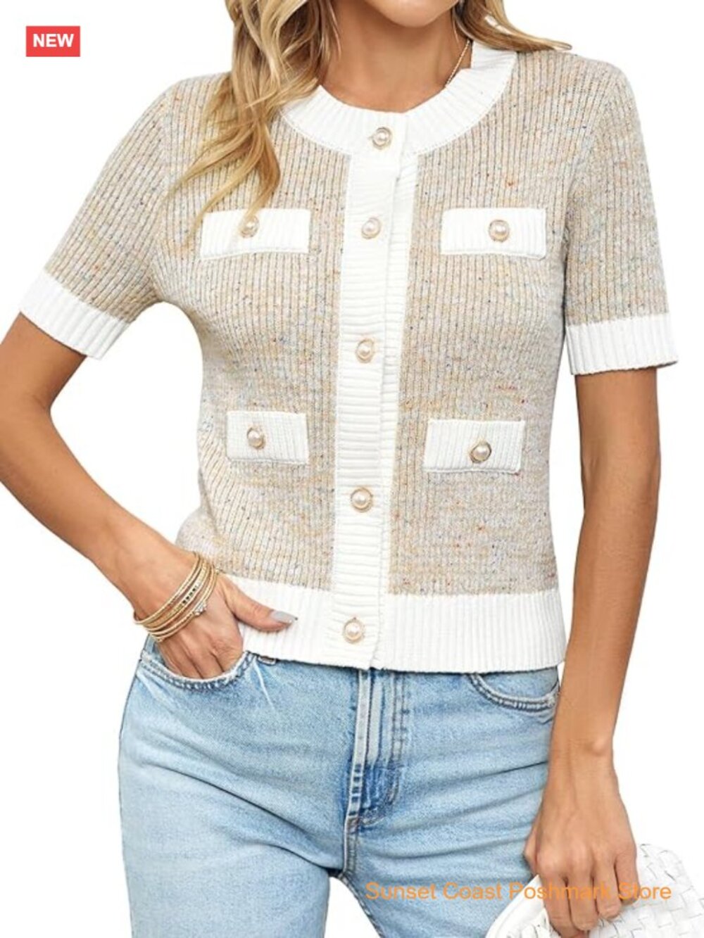 Womens Short Sleeve Button Down Cardigan Cropped Crew Neck Lightweight Tweed